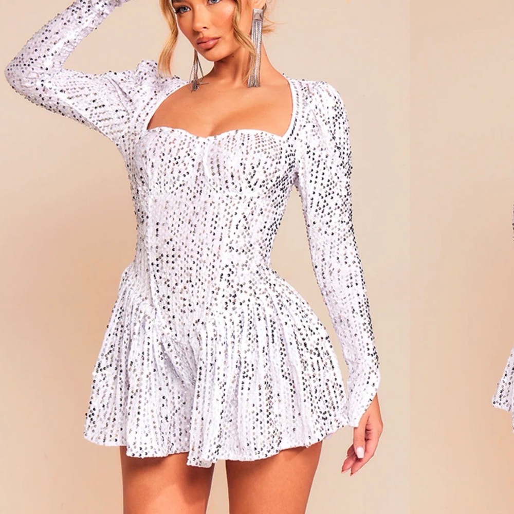 PrettyLittleThing White Sequin Romper